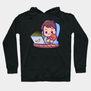 Cute Girl Watching On Laptop With Doll Cartoon Hoodie